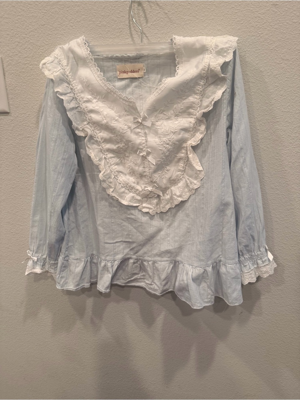 Goddess Light Blue Blouse with White Ruffled Lace Bib